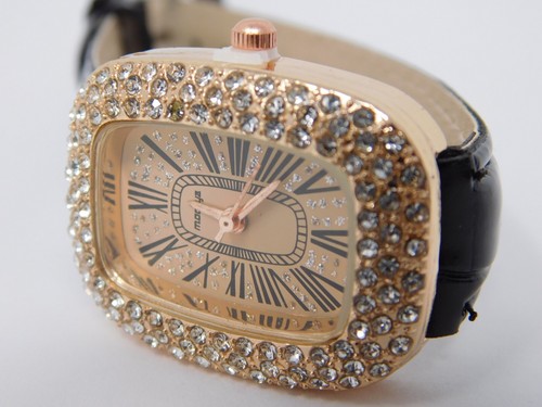 Women's Watch Glitter Bling Quartz Analog Black Band Rose Gold Tone Pink Ladies