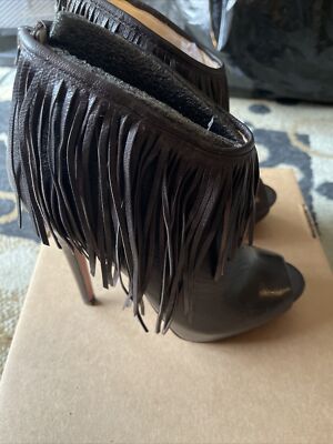 Boutique 9 Brown Leather Heels Peep Toe Fringe Bootie Boots 7M Stiletto