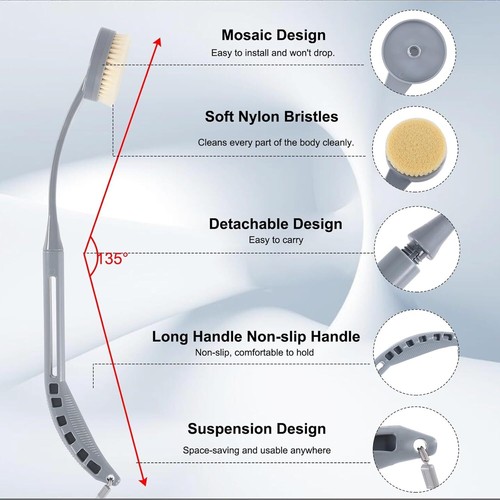 Back Scrubber for Shower,20.5" Bath Brush Long 20.5"Grey, 20.5" Grey - Picture 2 of 6