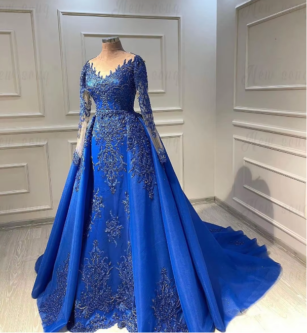 Royal Blue Formal Wedding Dress Long Sleeve Embroidery Beaded Wedding