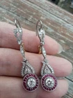 Art Deco Vintage Style Lab Created Diamond & Ruby Drop-Dangle Earring 925 Silver
