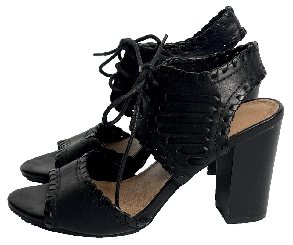 Sandalias de tacón restringido para mujer 6,5 negras con puntera abierta con cordones Foto 2 de 4