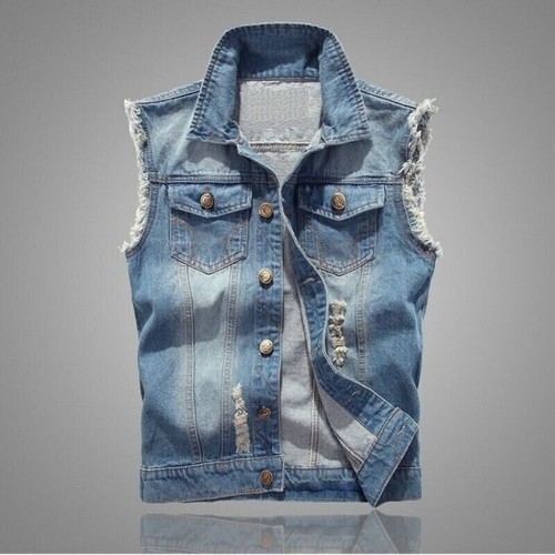 Mens Ripped Denim Vest Sleeveless Trucker Biker Jeans Jacket Waistcoat Gilet - Picture 9 of 18