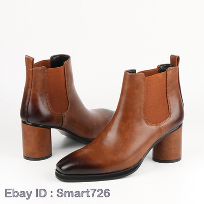 Men's Flat Square Toe Block Heel, High Top Stylish Breathable Chelsea Boots