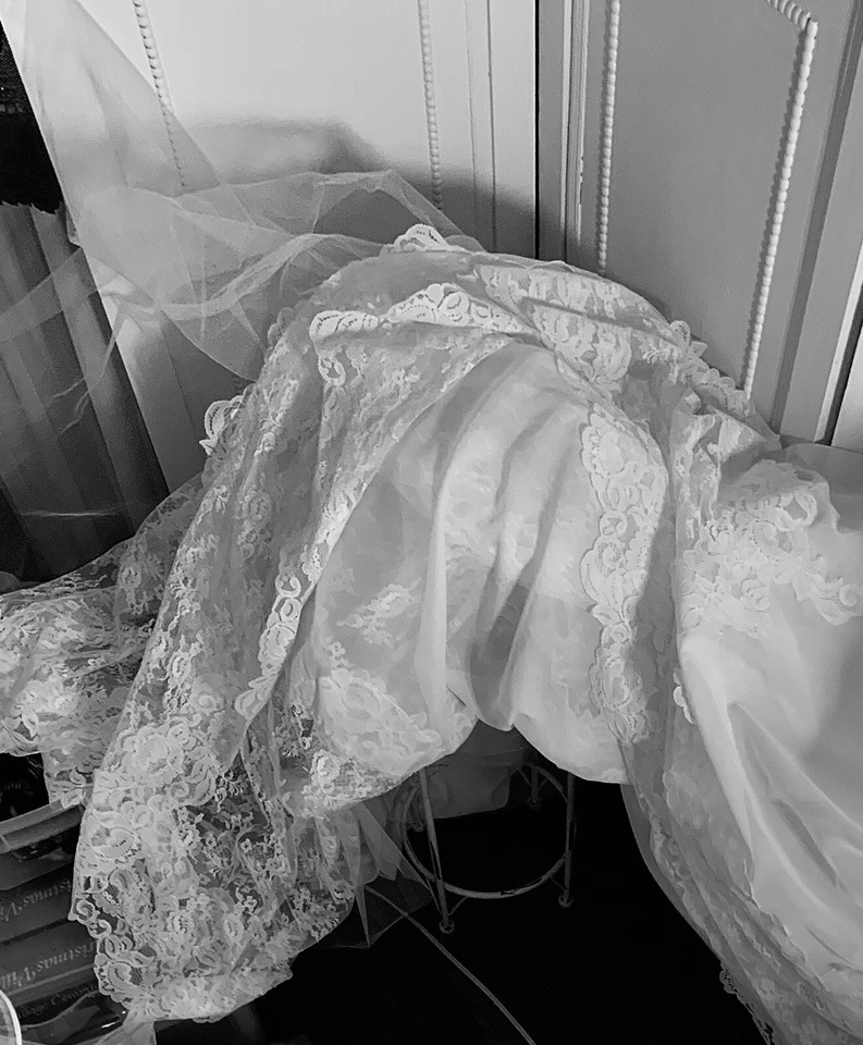 Vtg 1980’s Wedding Dress Powder Puff White Cottage Core Small-Med Foto 4 de 4