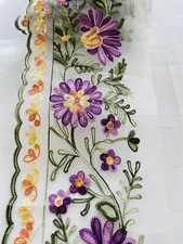 Floral Crewel Embroidered Trim/ White Tulle/Sewing/Craft/Bridal/7" Wide/Purple