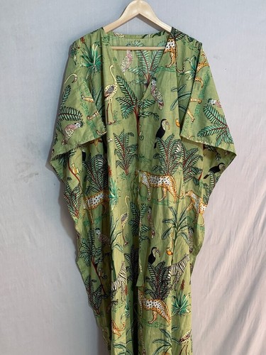 Indian Vintage 100% Cotton Long Beach Maxi Kaftan Dress One Size Caftan Kimono - Picture 5 of 6