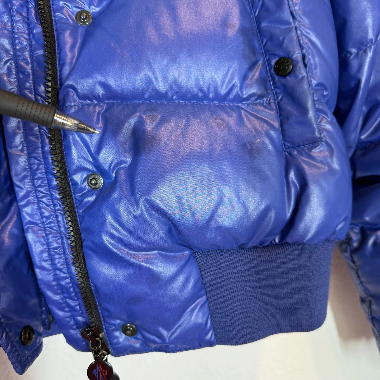 Moncler Alpes Puffer Jacket blu con cappuccio trapuntato piumino vera pelliccia orlo taglia large