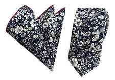 Tie and Pocket Square Set Men's Skinny Necktie Handkerchief One Size Navy White