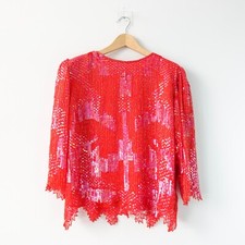 70s Vintage Sequin Top Party Blouse Small Red Beaded Silk Fairy Whimsical Gatsby