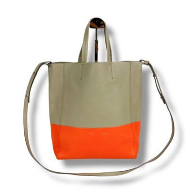 CELINE Vertical Caba Small Leather Tote Bag Beige Orange 2WAY Shoulder Authenti
