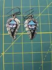 Vintage Zuni Intricately Handmade Inlaid Sun Face Leaf Unsigned Earrings