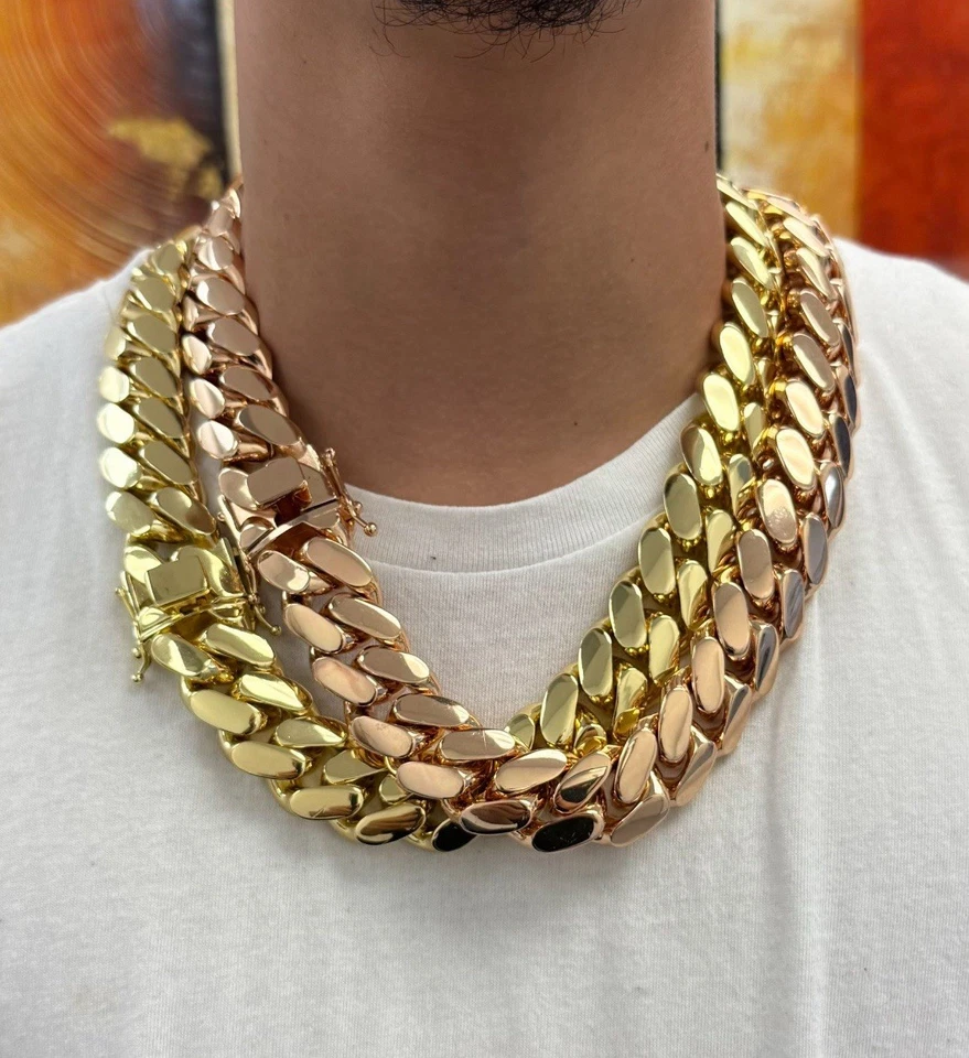 2 Chain Set Miami Gold Cuban Link Gold Plated Stainless Steel Set 20mm - Image 3 of 3