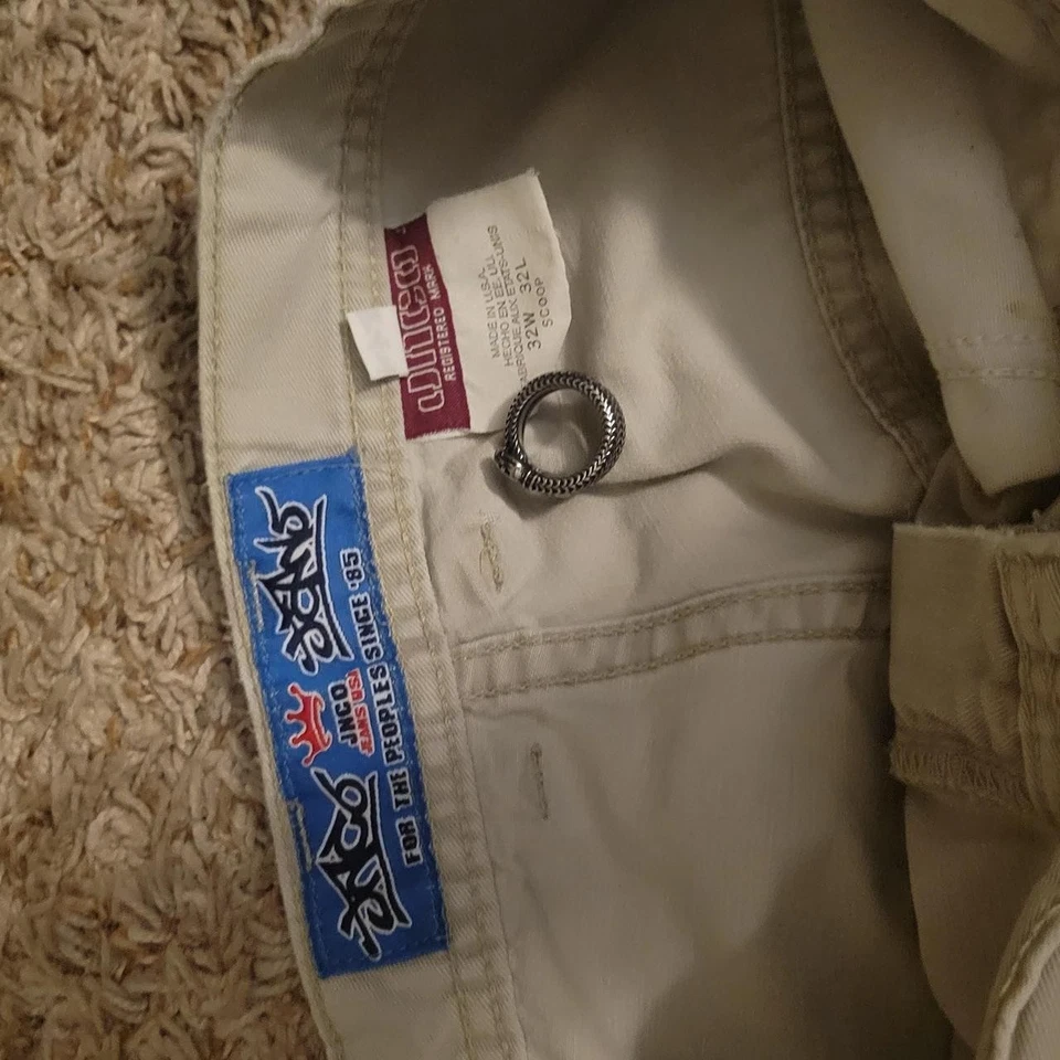 Jeans skatista vintage JNCO Scoops masculino 32x30 cáqui folgado perna larga raro - Imagem 3 de 4