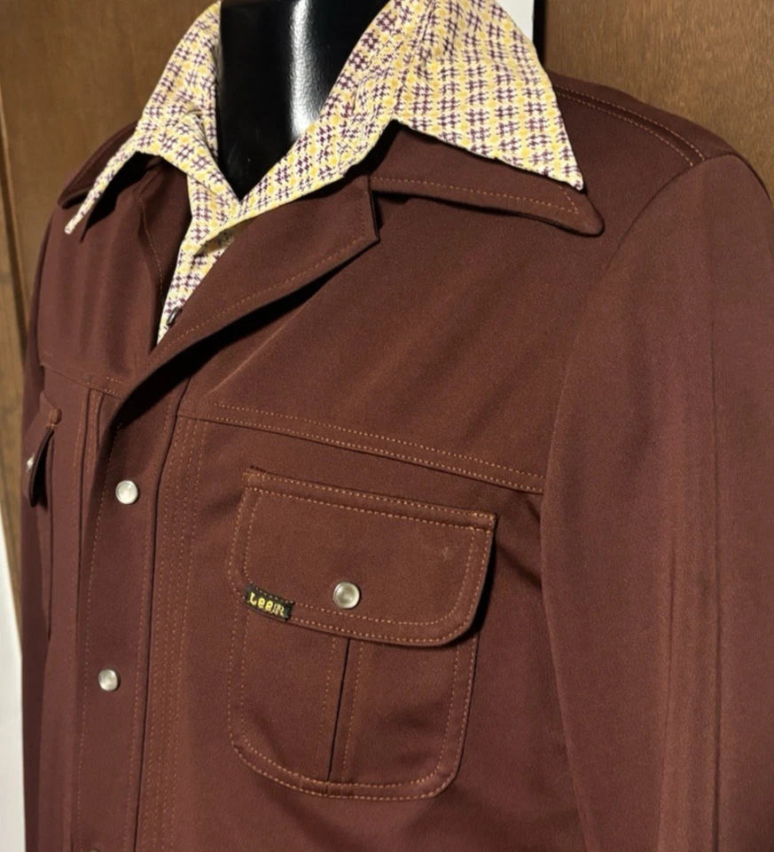 De Colección Años 70 Marrón Óxido LEE Cuello Punta Ocio Traje Chaqueta a Presión Para Hombres L Largo Alto Foto 4 de 4