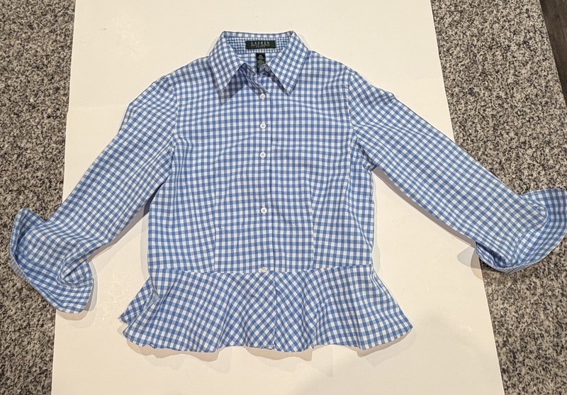 Lauren Ralph Lauren Gingham Peplum Shirt Women’s Size 4P Button Front 3/4 Sleeve