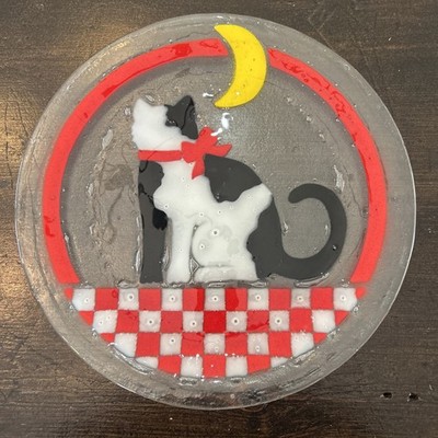 Peggy Karr Fused Glass Plate Black and White Cat With Bow With Moon And Checker
