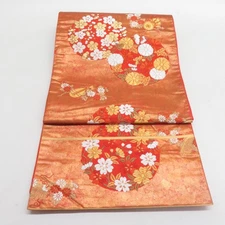Fukuro Obi Silk Kawai Art Textiles Flower Circle Pattern Orange 173.2inch