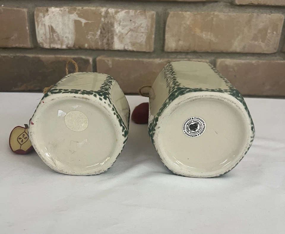 🍎 Juego de 2 jarrones de cerámica con temática de manzana esponja verde/crema casa de campo Foto 3 de 4