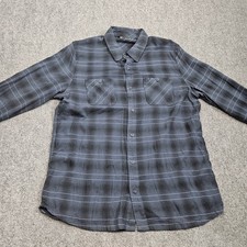 Travis Mathew Button Down Shirt Mens L Navy Black Plaid Stripe Windowpane Modern