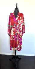Natori Auburn Floral Satin Robe XS Vibrant Red and Pink Floral Botanical