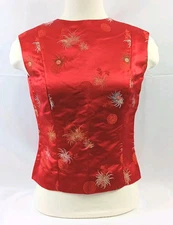 Vtg HONG KONG Song Kee Chrysanthemum Brocade Red Gold Silk Sleeveless Shirt READ