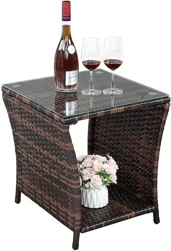 New-Outdoor Wicker Side Table Patio Side Tables for Outside, Tempered Gla