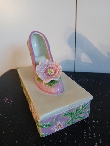 Vintage Fitz and Floyd Essentials Green Pink Floral Ceramic Slipper Trinket Box - Picture 13 of 13