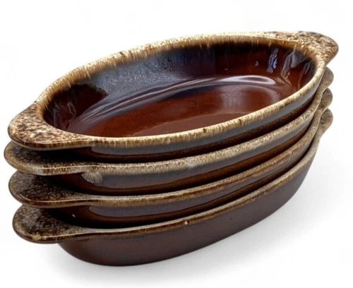 Hull Oven Proof USA Brown Drip Glaze Au Gratin Oval Baking Dishes: Set of 4