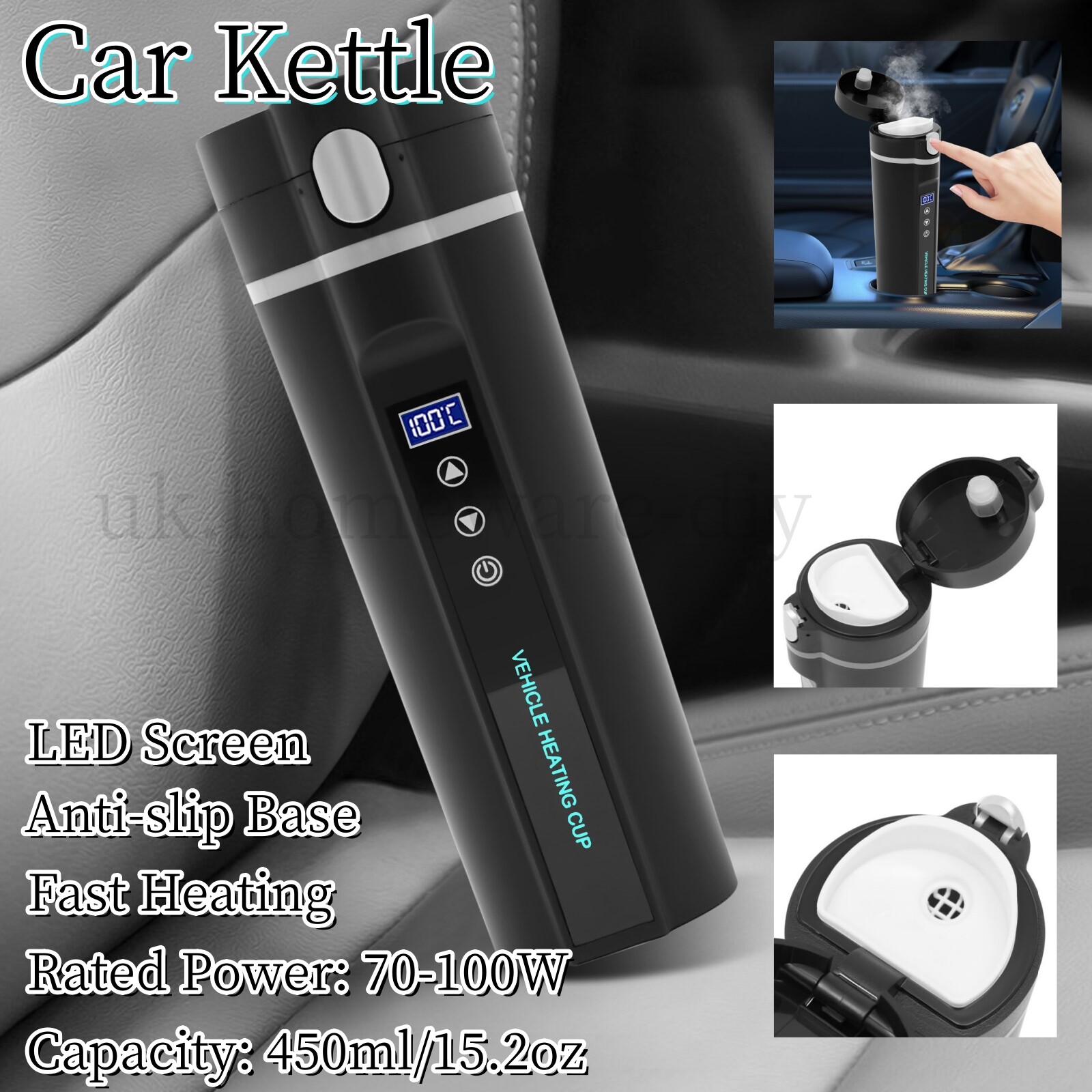 Portable 12V Car Electric Kettle Boiler Black Stainless Steel Heating Travel Cup-image
