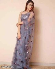 Gray Net Saree Party Wear Indian Pakistani Designer Sari