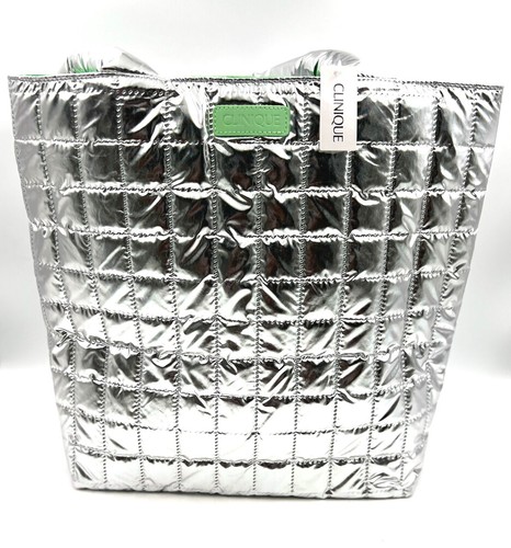 New! Clinique Makeup Shopping Shoulder Tote Bag~ Silver  Strip