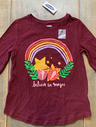 NWT Old Nave Girl's Long Sleeve "Believe in Magic" Floral Burgundy T-Shirt Sz:4T - Picture 2 of 7