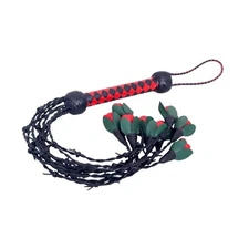 Genuine Cow Hide Leather Flogger 9 Braided Falls & Red Roses Spanking Whip