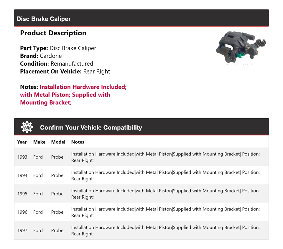 Задний правый суппорт дискового тормоза Ford Probe 1993-1997 годов выпуска Cardone 1994 1995 1996 годов выпуска - Изображение 2 из 4