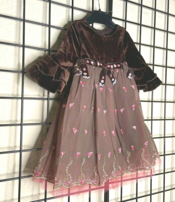 NEW NWT Pink Roses/Brown Velvet Super PLUSH Dress-C'est Chouette 12M-fit 12/24M