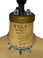 Art Deco Style Vintage Classic Blue Rhinestone Necklace & Earrings Jewelry Set
