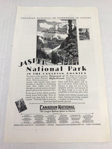 Canadian National Railway Jasper National Park Vtg 1929 Print Ad - Picture 1 of 3