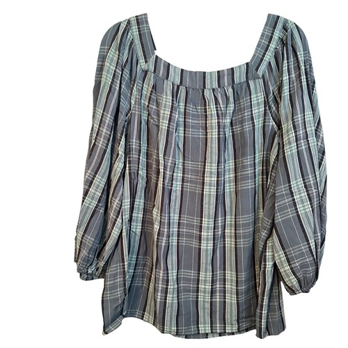 Lauren Conrad Sz L Plaid Square Neck Blouse Long Sleeve Lightweight Blouse - Picture 12 of 12