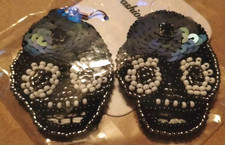 Bejeweled Beaded Skull Halloween Earrings NEW Black Stone 2" NEW