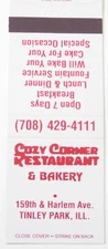 COZY CORNER RESTAURANT & BAKERY MATCHBOOK COVER * TINLEY PARK, ILLINOIS