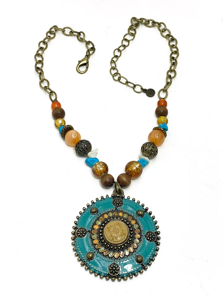 RUBÍ RD Collar Boho Mandala Colgante Turquesa Esmalte Tono Bronce Cadena Cuentas Foto 2 de 4