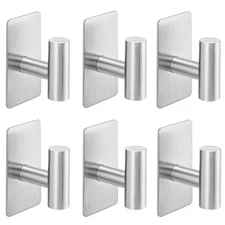 Adhesive Towel Hooks 6 Pack, Brushed Nickel, SUS304 Stainless Steel, Heavy