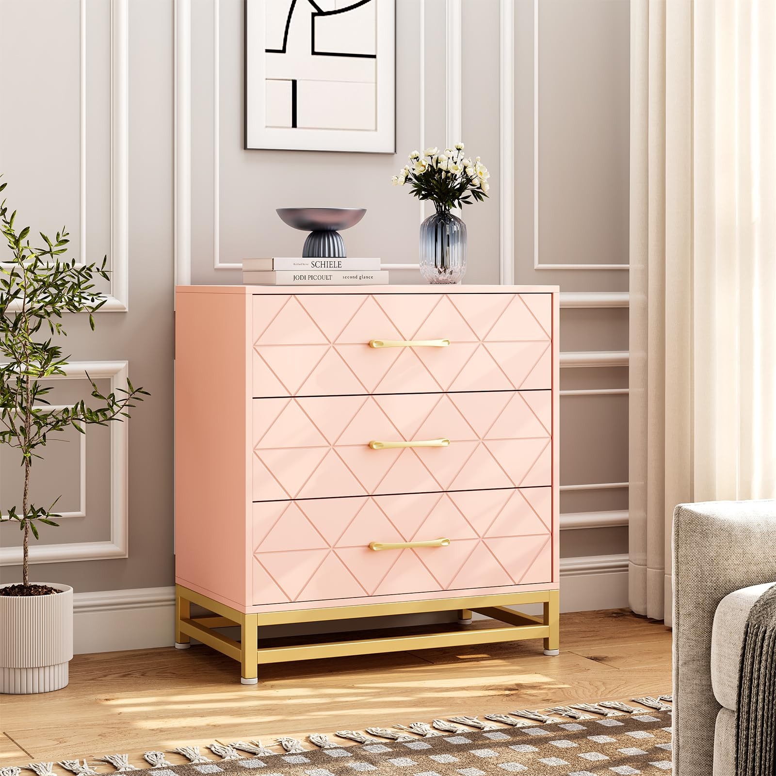 3-Drawer Dresser for Bedroom Modern Wood Chest W/ Storage Wi