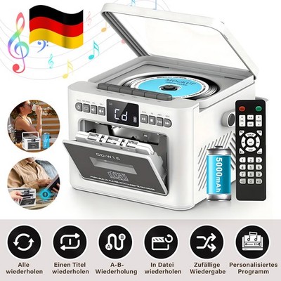 CD Player Tragbar, Boombox Kassettenspieler mit UKW Radio, Bluetooth 5000mAh LCD