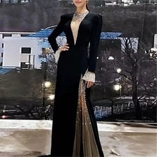 Fashion Black Sequin Long Sleeves A-Line Evening Dresses Floor Length Prom Dress