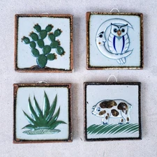 4 Mexican Tonala Stoneware Tiles (Set of 4) Agave, Pig, Moon, Owl, Cactus 4"