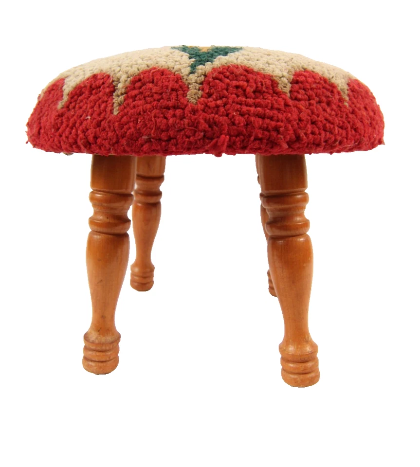 Small Foot Stool Floral Hook Rug Cover Red Green Blue Super Cute Gently Used - Image 3 of 4