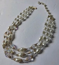 Vtg Multi-Strand Faux Pearl  Crystal Choker Necklace Gold Tone Iredescent AB