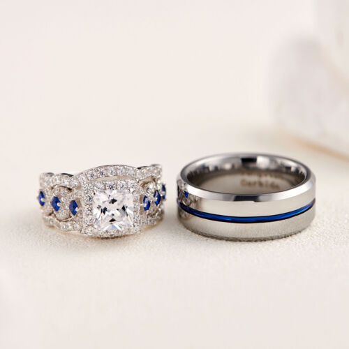 Newshe Pareja Anillo Conjuntos Suyo y Ella Anillos de Tungsteno Hombres Plata 925 Mujeres Anillo Circonio Circal - Imagen 3 de 86